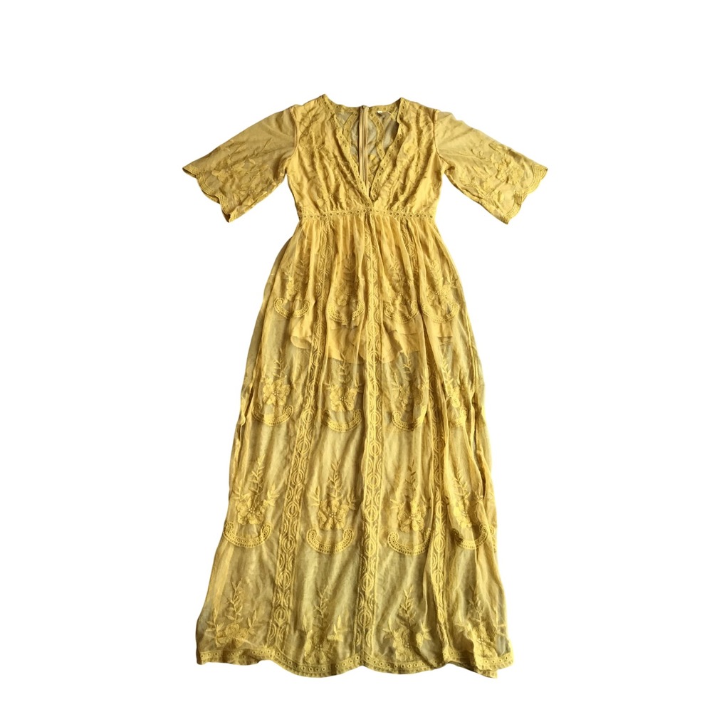 Wishlist Women's Mustard V Neck Shorts Underneath Lace Jumpsuit Size M NWOT - Picture 3 of 7